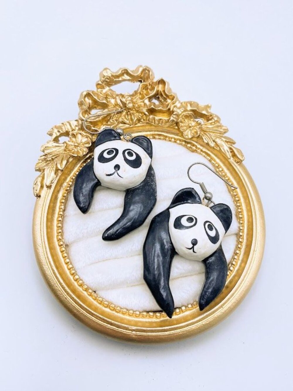 Panda Earrings Lightweight Vintage Handpainted Wood Black & White